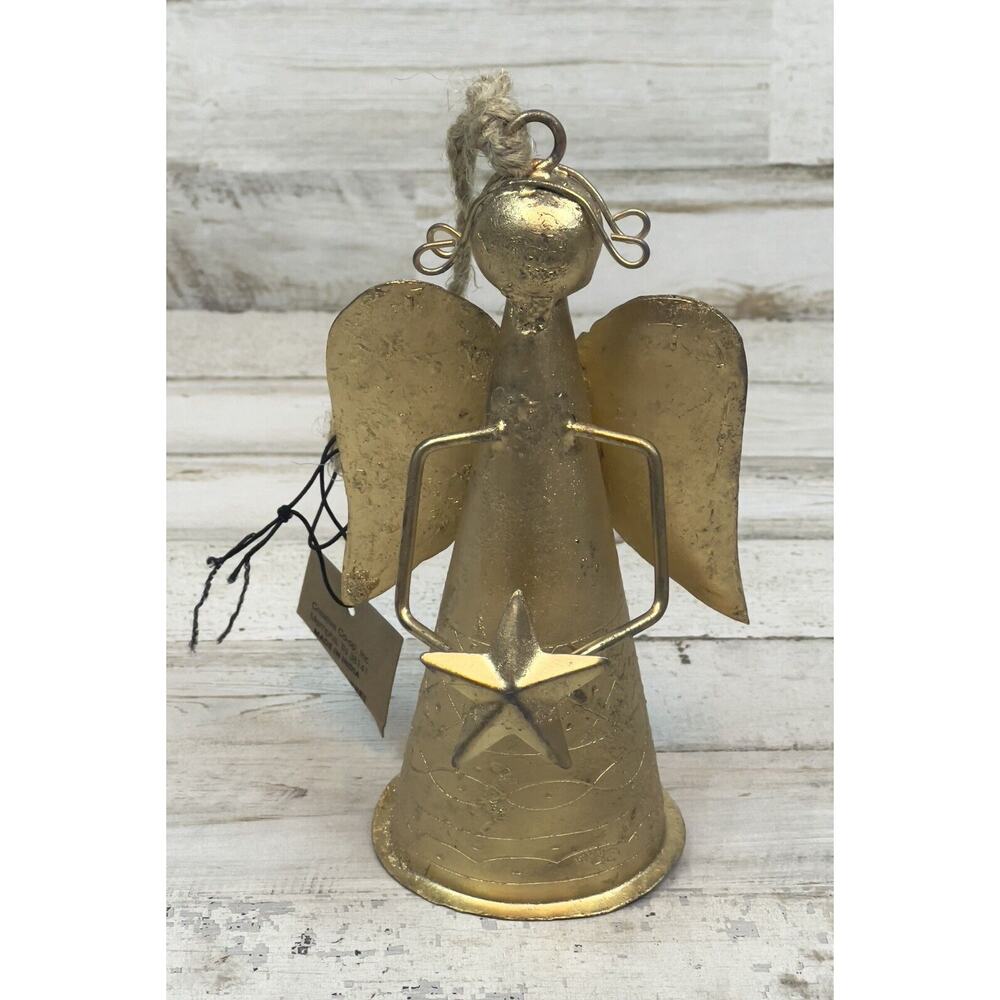 Angel Gold Textured Metal Angel Holding A Heart Holiday Bell Christmas Hanging